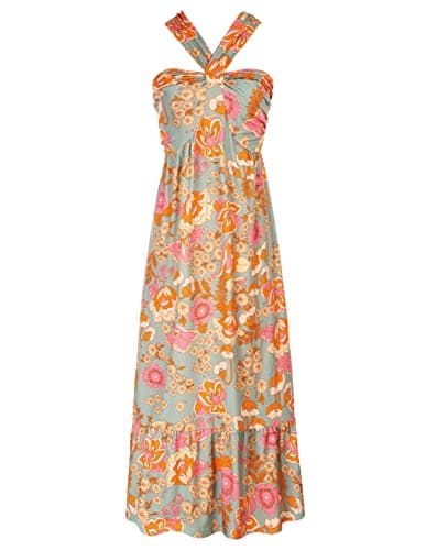 GRACE KARIN 2025 Women's Halterneck Floral Sleeveless Summer Dresses for Beach Greygreen L - Image 1