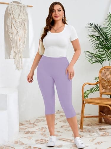 AusLook Plus Size Capri Leggings for Women with Pockets High Waisted Tummy Control Cropped Light Purple 5X Leggings Buttery Soft Stretch Casual Lounge Workout Pants - Thumbnail 3