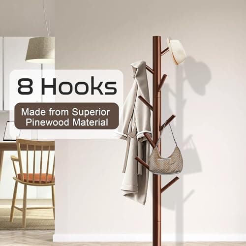 Aliphon Wooden Coat Rack Stand, Freestanding Coat Rack with 8 Hooks, 3 Adjustable Size Coat Tree for Hats, Coats, Scarves bags, Coat Hanger Stand Used in Bedroom/Office/Entryway （Brown） - Thumbnail 2