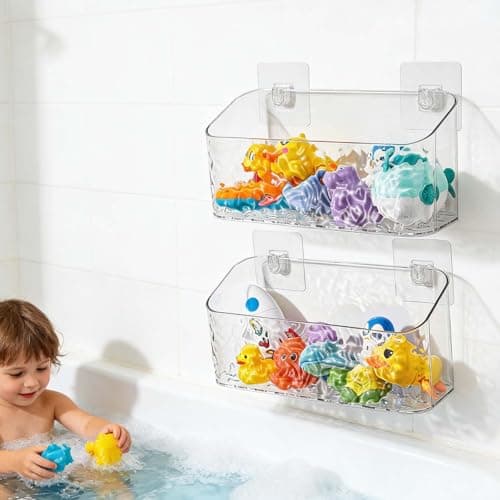 Eunion Bath Toy Storage Organizer, Bathtub Toy Storage Holder, Large Capacity Wall Mounted Shower Caddy Shower Organizer, No Drill Shelves Basket, Wave, 2 Pack - Image 1