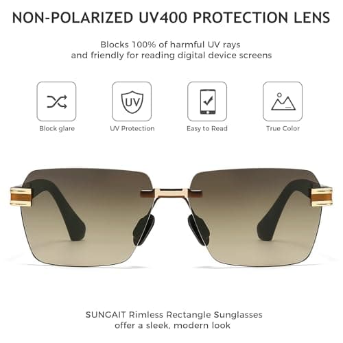 SUNGAIT Rimless Rectangle Sunglasses Square Frameless Shades for Men Women Y2K Vintage Retro Fashion UV Protection (Gold Frame/Brown Gradient Lens) - Thumbnail 2