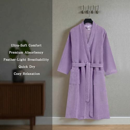 Inner Wish Women's Soft Terry Cloth Bathrobe - Ultra Absorbent Quick Dry Kimono Robe for Shower,Spa,Home，Light Purple，L/XL - Thumbnail 5