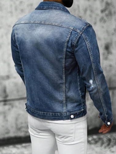 Huang's Men's Denim Jacket with Distressed Ripped Details Classic Fit Non - Stretch Fabric Cool Stylish Caual Coat (US, Alpha, 3X-Large, Regular, Regular, Y039) - Thumbnail 3