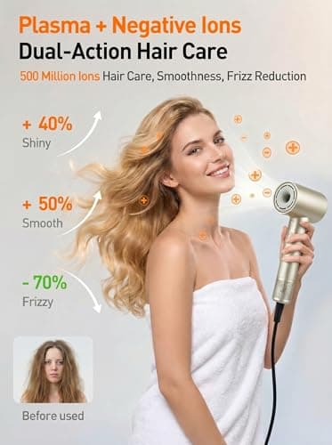 WHS Hair Dryer, 110,000 RPM High Speed Brushless Motor Ionic Blow Dryer – Low Noise Lightweight 110V Travel Hair Dryer with Concentrator Nozzle, Fast Drying for Home & Travel (Gold) - Thumbnail 2