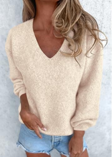 KIRUNDO Sweaters for Women Fall 2026 Oversized V Neck Cozy Cute Casual Long Sleeve Knit Pullover Trendy Winter Clothing(Beige, X-Large) - Thumbnail 4