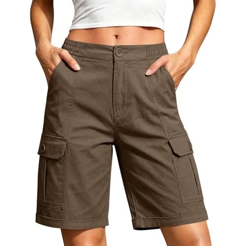 Womens Bermuda Shorts Knee Length, Casual High Waisted Wide Leg Short Women, Relaxed Fit Lightweight Women's Cargo Shorts with Multi Pockets for Summer, Hiking, Fishing, Working Brown XXL - Image 1