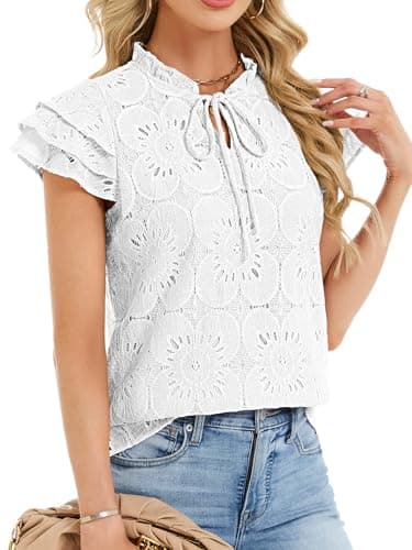 Funlingo Womens Eyelet Tops Summer Ruffle Cap Sleeve Blouses Dressy Casual Hollow Out Crochet Lace Embroidered Shirts 2026 Trendy Fashion White L - Thumbnail 3
