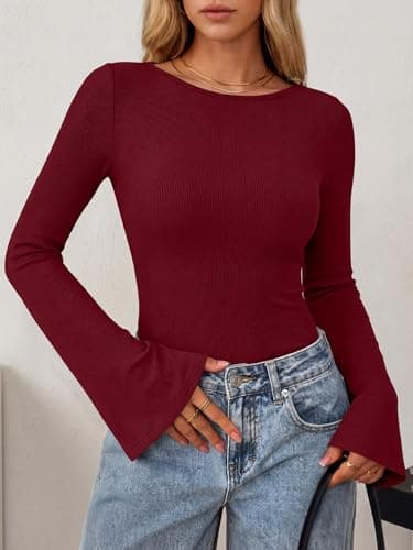 ANRABESS Womens Bell Sleeve Bodysuits Top,Wine Red,S - Thumbnail 5
