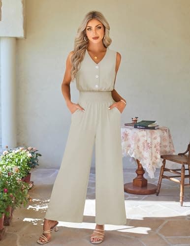 LOOKBOHO Women Spring Jumpsuits Dressy Casual One Piece Outfits Sleeveless V Neck Wide Leg Pants Elegant Rompers(AT,XXL) - Thumbnail 6