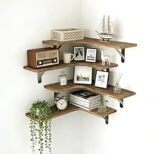 ZOESEEK Corner Floating Shelves, Set of 4 L-Shape Wood Wall Mounted Shelves for Bathroom Kitchen Bedroom Living Room Laundry Room Home Decor, Wood Corner Shelves Rustic Brown - Image 1