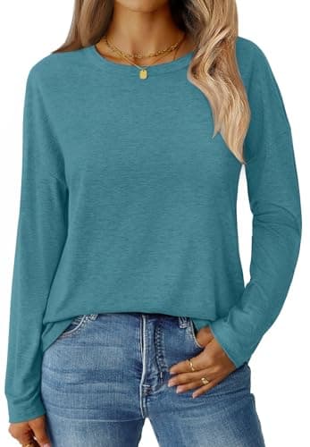 GKBK Long Sleeve Shirts for Women Crew Neck Basic Tops Casual Loose Fitted Fall Clothes 2025 Cyan L - Image 1