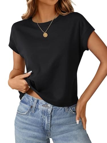 Black Tops for Women Crop Tops Cap Sleeve T Shirt Cotton Crewneck T Shirts for Women Loose Fit 2026