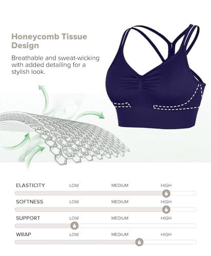 BRXL Lycra Strappy Ruched Sports Bra for Women Breathable Seamless Criss Cross Back Light Support Padded Bras Exercise Yoga Blue M - Thumbnail 4