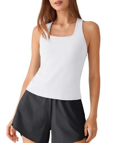 G4Free Athletic Tank Tops for Women with Removable Pads Ribbed Yoga Tops Soft Square Neck Waist Length Gym Tanks (White,XXL) - Image 1