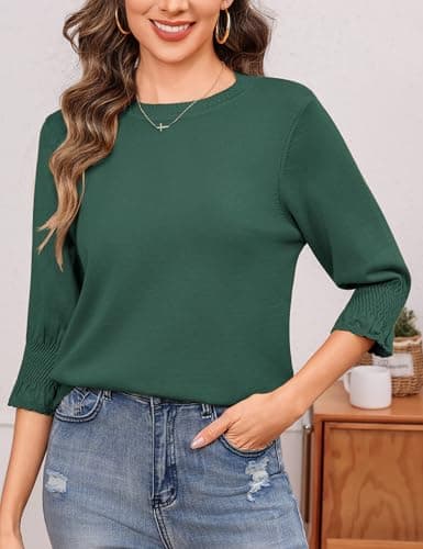 Totatuit Sweater 3/4 Sleeve Tops for Women 2026 Pullover Jumper Dressy Fit Crew Neck Pleated Sweater Forest Green XX-Large - Thumbnail 2