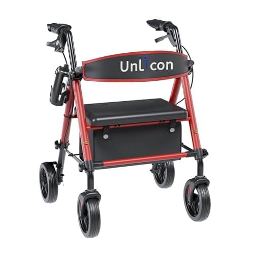 UNLICON Rollator Walkers with Seat, Rollator Walker with Durable, 8'' Big Wheels, 350 lb. Weight Capacity, Adjustable Handles and Seat Height ，Lightweight Rolling Walker for Seniors-Red - Image 1