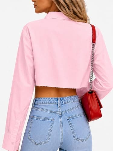 Asymmetrical Button Up Tops for Women Casual Long Sleeve Collared Shirts Top Pink XL - Thumbnail 3