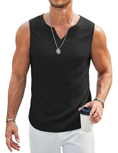 COOFANDY Men Sleeveless V Neck T Shirt Knit Sleeveless Shirt for Men Casual Textured Tank Top Lightweight Fitted Black - Image 1