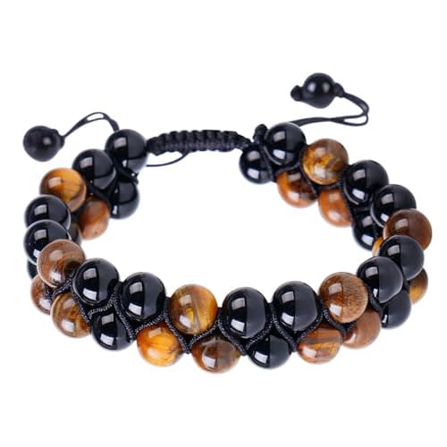 PAKUNDAS Handmade Double Protection Beaded Bracelet for Men Women 8mm Natural Tiger Eye Hematite Stone Adjustable Stretch Crystal Healing Jewelry - Image 1