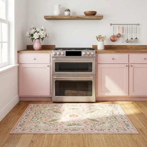 Cnythlis 2'x3' Boho Small Area Rug, Washable Non-Slip Silicone Backing Door Mat, 0.26" Low Pile Faux Wool Foldable Rug for Entryway Bathroom Kitchen Indoor Decor, Garden Pink - Thumbnail 2