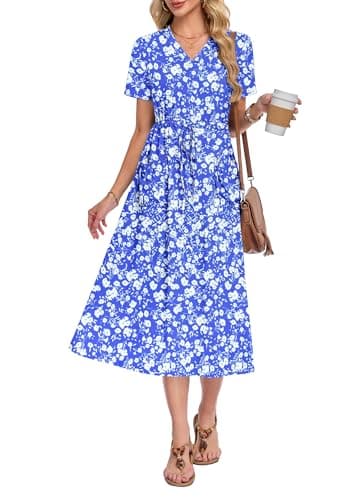MOLERANI Women Summer Maxi Dress Casual Tie Waist Long Dresses Loose Fit Dress Flowy Dress with Pockets, Blue White Flower, 2XL - Image 1