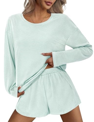 JUSTFASHIONNOW Lounge Sets for Women Short Pajamas Set 2 Piece Fall Outfits Stripe Sleepwear Long Sleeve Split Shorts Sets Casual Sweatsuit Holiday Loungewear Cute Pjs (Cyan, XX-Large) - Thumbnail 2