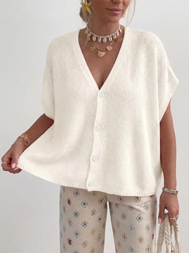 PRETTYGARDEN Batwing Short Sleeve Ribbed Knit Sweater Tops Oversized Button Up Shirt Women V Neck Light Weight Cardigan (White, Small) - Thumbnail 5