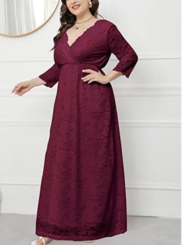 Eternatastic Womens Maxi Dress Evening Party 2/3 Sleeves Lace Long Dress XL Deep Red - Thumbnail 4
