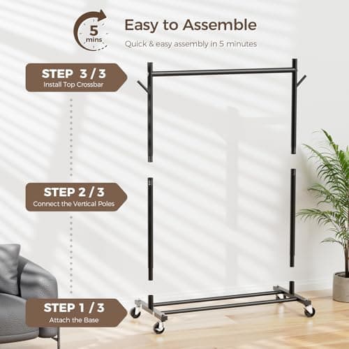 Clothes Rack, Clothing Rack for Hanging Clothes Load 280LBS, Rolling Garment Rack, Portable Coat Rack Freestanding Clothes Rack with Wheels Wardrobe Rack Easy Assembly for Bedroom Living Room, Black - Thumbnail 4