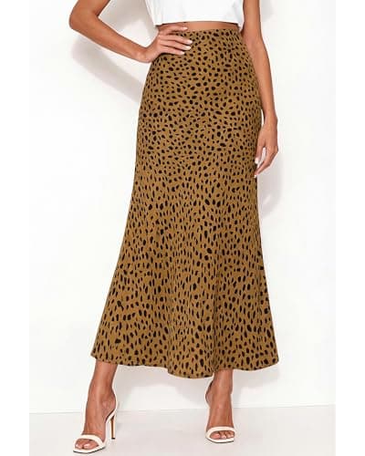 BTFBM Satin Skirts for Women Trendy Spring Summer 2026 High Waisted Leopard Print Cocktail Wedding Long Silk Midi Skirt(Dot Brown Black, Medium) - Thumbnail 3