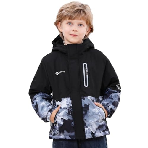 Boys' Waterproof skiing Jacket - Winter Fleece Lined Snowboarding Coat with Hood, Windproof Thermal Outer Shell for Kids Ice Black 13-14 - Image 1