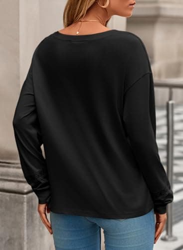 Dokotoo Boho Tops for Women Long Sleeve V Neck Blouses Black Shirts Dressy Casual Solid Embroidered Spring Shirts Plus Size Tops and Blouses Fashion Womens Clothes Large - Thumbnail 2