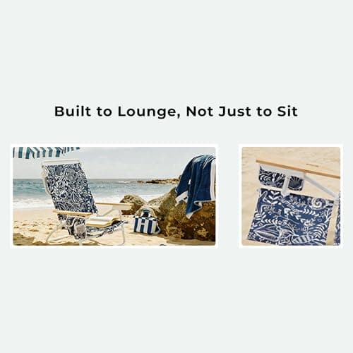 DEER LAND 5-Position Low Beach Chair, Portable Lightweight Folding Beach Chair with Wooden Armrests, Storage Pouch & Carry Strap, Coastal Beach Print – Reef Indigo - Thumbnail 4