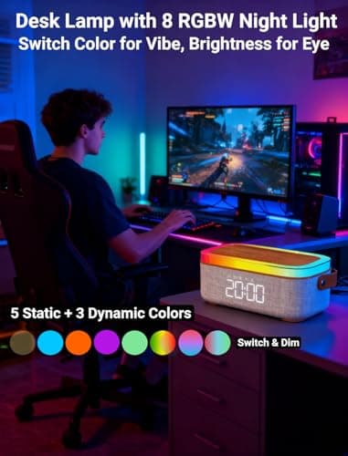 PLUWEL 4-in-1 Alarm Clock Bedrooms for Heavy Sleeper, Bluetooth Clock Sync with Phone, Portable Bluetooth Speaker, 15W Wireless Charging Station, Ambient Mood Night Light, Trendy Gift Room Decor - Thumbnail 4