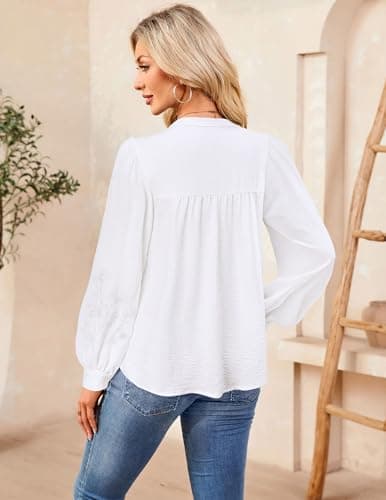 LOOKBOHO Womens Dressy Blouses Casual Mexican Floral Embroidered Long Sleeve Shirts V Neck Pleated Loose Fit Boho Tops S - Thumbnail 3