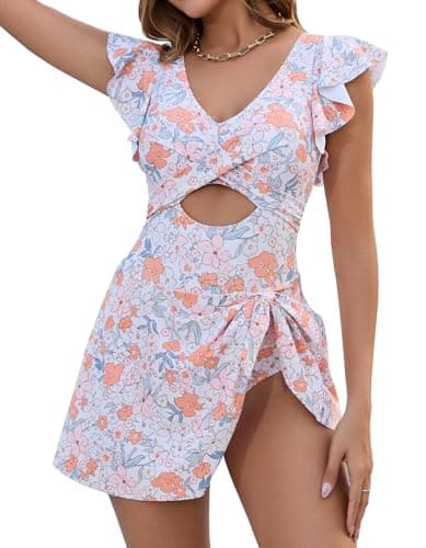 MFAVIP Women One Piece Swim Dress Tummy Control Swimsuits V Neck Ruffle Bathing Suit Cutout Wrap Side Tie Swimwear with Skirt - Thumbnail 2