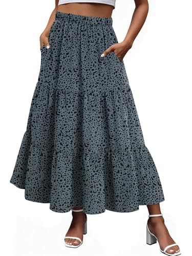 Magritta Women's Boho Maxi Skirt Summer Flowy Long A-Line Elastic High Waist Pleated Misty Blue Leopard Large - Image 1