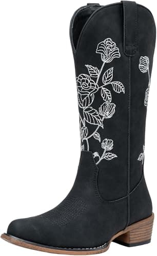 Jeossy Women's Black Western Cowboy Boots Mid Calf Embroidery Flower Cowgirl Boots with Low Heel Side Zipper 9807 Comfy Round Toe Country Music Festival Music Rodeo, Size 8(DJY9807 Black 08) - Image 1
