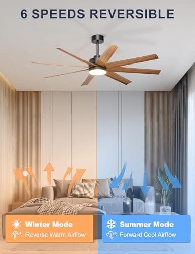 Ohniyou 60'' Ceiling Fan with Light - 8 Blades Modern Farmhouse Ceiling Fan Remote/APP Control, Dimmable, Covered Outdoor Fan for Patio, Living Room, Black+Wood Color - Thumbnail 5