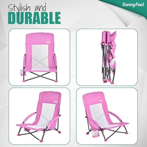 SUNNYFEEL Folding Beach Chair, High Back Beach Chairs for Adults, Lightweight Portable Camp Chair 300lbs Heavy Duty with Carry Bag, Cup Holder for Outdoor Travel Picnic Concert, 2 Pack, Pink - Thumbnail 6