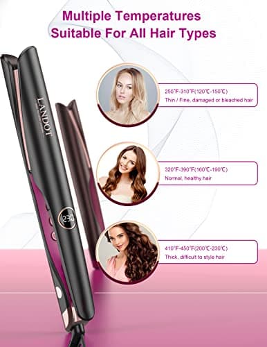 LANDOT 2-in-1 Hair Straightener Curling Iron - Twist Floating Plates for Curl & Straight, Anti-Frizz & Tangle-Free, Dual Voltage Adjustable Temp 250-450°F for All Hair Types - Thumbnail 3