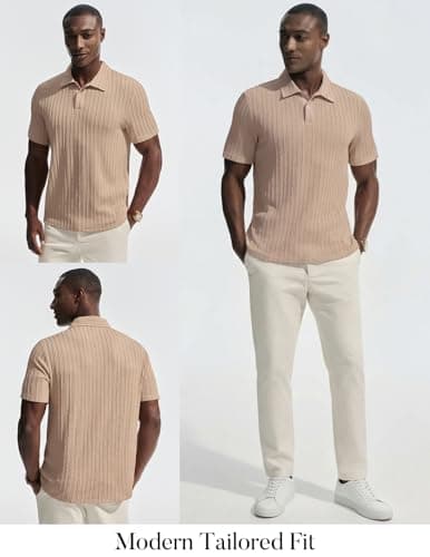 PJ PAUL JONES Mens Knit Polo Regular Fit Stretchy Polo Shirts Short Sleeve Textured Lightweight Golf Shirts Apricot - Thumbnail 5