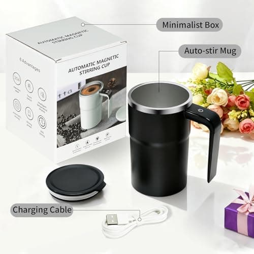 Self Stirring Coffee Mug 12 Oz with Lid, 316 Stainless Steel Automatic Magnetic Mixing Cup with a Built-in Lcd Thermometer & Handle, Rechargeable Electric Coffee Stirrer, Gift for Men and Women - Thumbnail 6