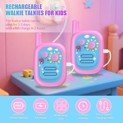 Walkie Talkies for Kids 2 Pack Rechargeable with 3 Miles Long Range, Toddler Walkies Talkies Pink Bule Toys Birthday for 3-8 Years Old Boys Girls for Outdoor Games Camping Hiking - Thumbnail 2