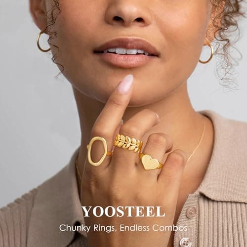 Yoosteel Chunky Gold Rings for Women - Hypoallergenic Dainty 14K Gold Plated Thick Stackable Open Finger Rings Set for Women Trendy Jewelry Gifts 12 PCS - Thumbnail 3