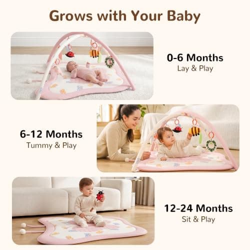 Pamo Babe Baby Play Gym & Activity Mat, Tummy Time Mat with 8 Montessori Toys, Non-slip Foldable Baby Playmat for Stage-Based Development, Machine Washable Baby Gym Play Mat for Newborn Essential Gift - Thumbnail 3