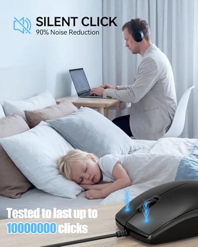 TECKNET USB-A Wired Mouse for Laptop Computer with 2-Button,Home and Office 5FT Corded Mouse, 1600DPI Ergo-Optic Shape PC Mouse Wired for Chromebook,PC,Desktop,Notebook-Black - Thumbnail 6