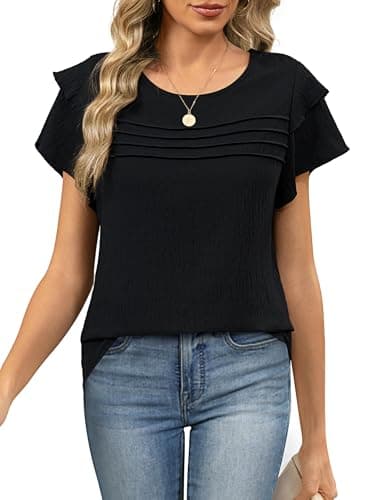Funlingo Womens Dressy Casual Tops Summer Business Work Blouses Ruffle Short Sleeve Crew Neck Pleated Shirts Trendy Outfits 2026 Black L - Image 1