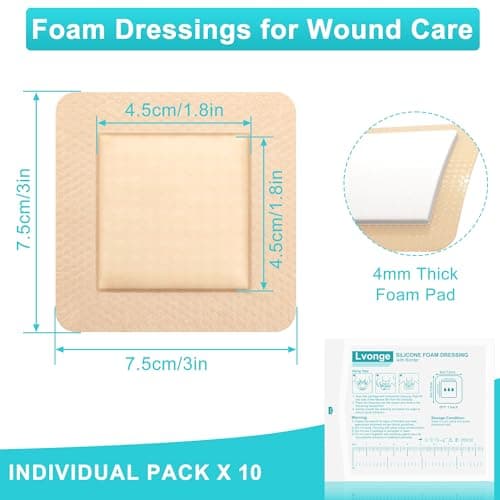 Silicone Foam Dressing 3"x3", Waterproof Absorbent Wound Dressing Bandages for Wound Care,10 Pack Wound Silicone Large Bandages - Thumbnail 2