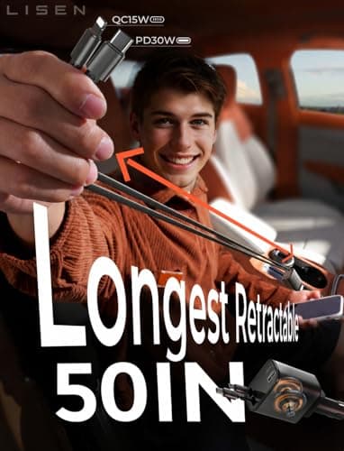 LISEN Long Retractable Car Charger 4 in 1 (47.2in Cable), 69W USB C Car Charger for Truck & Uber Drivers, Truck Accessories Fast Charging for iPhone 17 16 15 14 13 12 11 X Series, Uber Signs for Car - Thumbnail 2